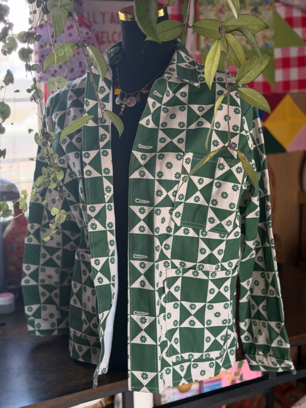Lisa Says Gah Green and White Geometric Patchwork Jean Jacket - Picture 1 of 7